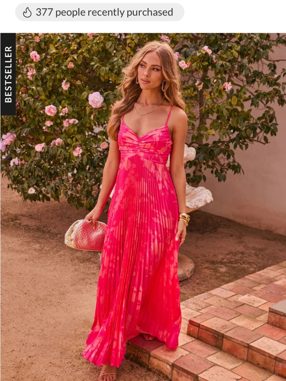 Vici Soraya Hot Pink Floral Printed and Pleated Maxi Dress